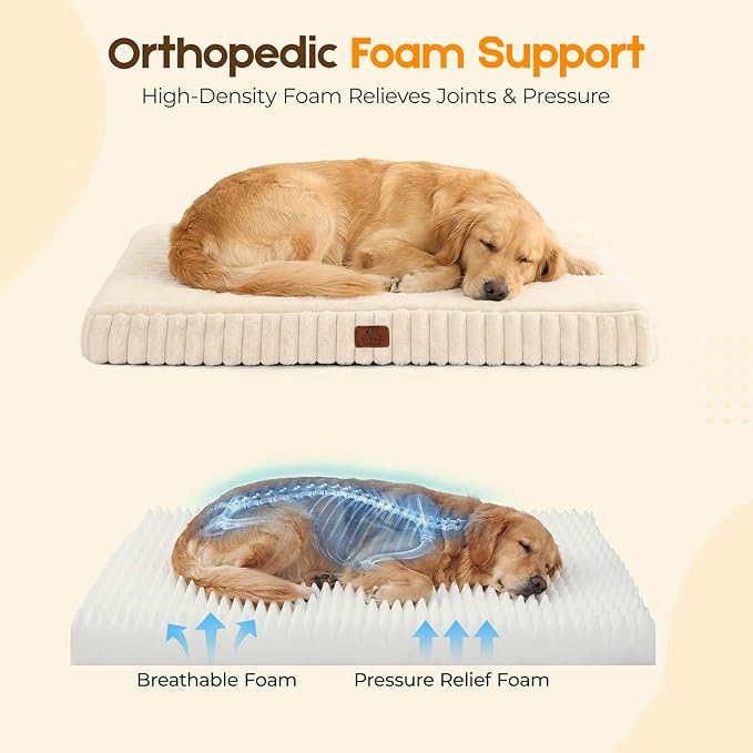 Orthopedic Dog Bed for Extra Large Dog, Waterproof Pet Bed,Non-Slip Bottom and Egg-Crate Foam with Removable Washable Cover Crate Bed,Cream,42"x30"x4"