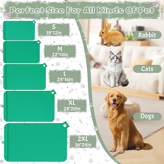 Dog Food Mat, Silicone Dog Mat for Food and Water -Pet Feeding Mats with Residue Collection Pocket, Waterproof Dog Cat Bowl Mats with Raised Edges and Hooks, Placemats for Cats and Dogs Water Bowl