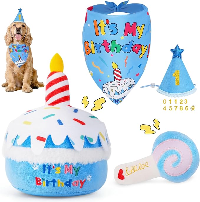 KIPRITII Dog Birthday Party Supplies – Dog Squeak Toys, Birthday Bandana & Hat for Small Dogs, Interactive Puppy Plush Toys to Relieve Boredom