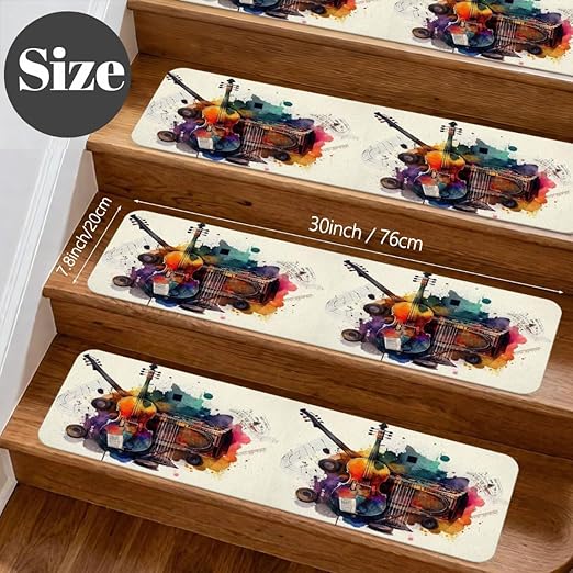 Colorful Musical Instrument Violin Stair Treads for Wooden Steps Indoor Washable Staircase Carpet 15PCS 30"x7.8" Stair Step Treads Non-Slip Staircase Covers Peel Stick Safety Mat for Kids Elders Pets