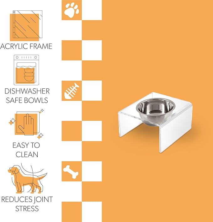 THE LICKER Store DBL2002A Keaton 5" Small/Medium Modern Acrylic Rectangular Elevated Pet Feeder with 20oz 1-Stainless Steel Bowl, Clear/Chrome
