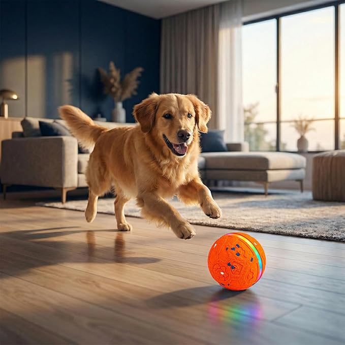 Interactive Dog Ball Toy, Durable E-TPU Material, 3 Play Modes with Colorful Lights, Automatic Moving, Bouncing and Rotating for Medium and Large Dogs Indoor & Outdoor (Orange)
