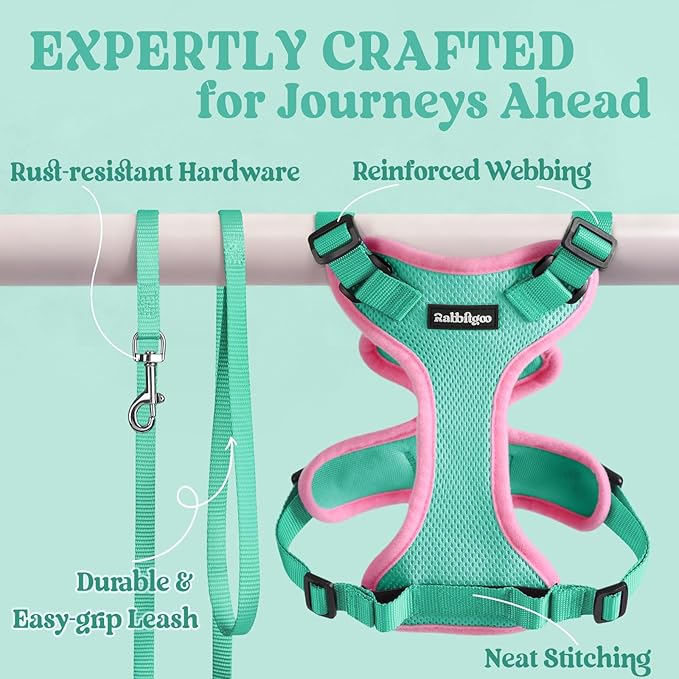 rabbitgoo Cat Harness and Leash Set, Escape Proof Vest Harness for Safe Outdoor Walks, Soft Breathable Adjustable Vest with Reflective Strips for Small and Average Cats, Green & Pink, S