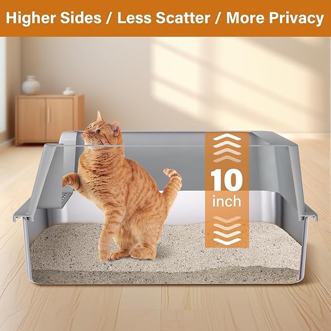 XL Stainless Steel Litter Box with Lid, Extra Large High Sided Metal Cat Litter Box with Mat and Scooper, Easy Clean, Non Stick & No Smell