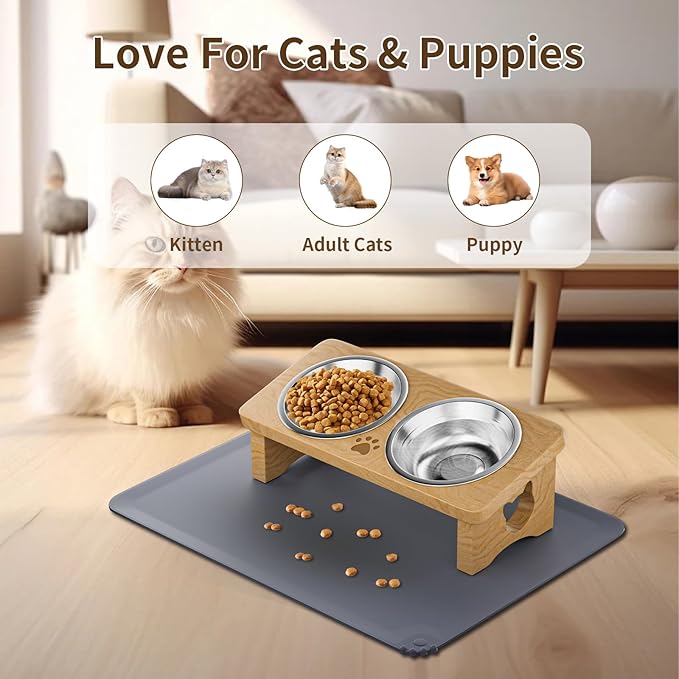 Elevated Cat Bowls, 15° Tilted Raised Cat Food Bowl with Solid Wood Stand & Stainless Steel Dishes, Cat Feeding Station with Silicone Mat, Helps Reduce Vomiting for Cats & Small Dogs(Natural)