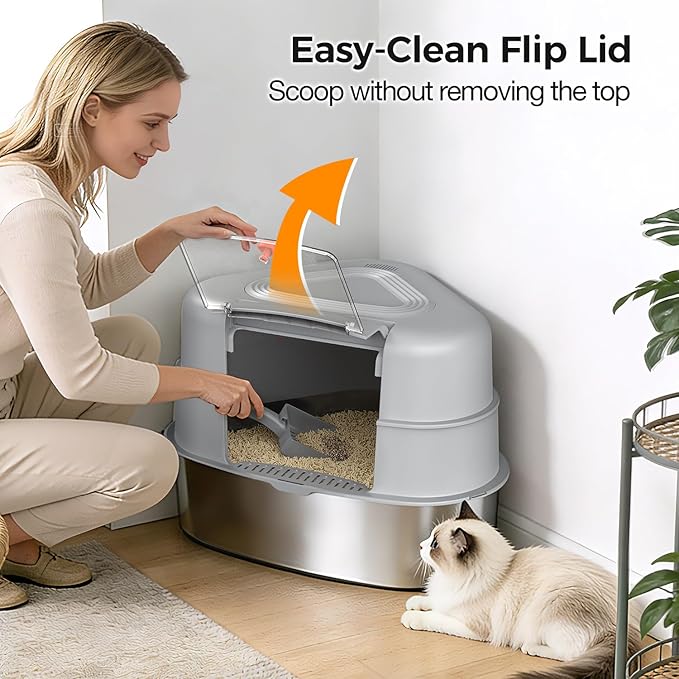 Chumajor XXL Stainless Steel Corner Cat Litter Box with Lid - Sturdy, No Odor & Space-Saving Hidden Design for Large Cats, Grey