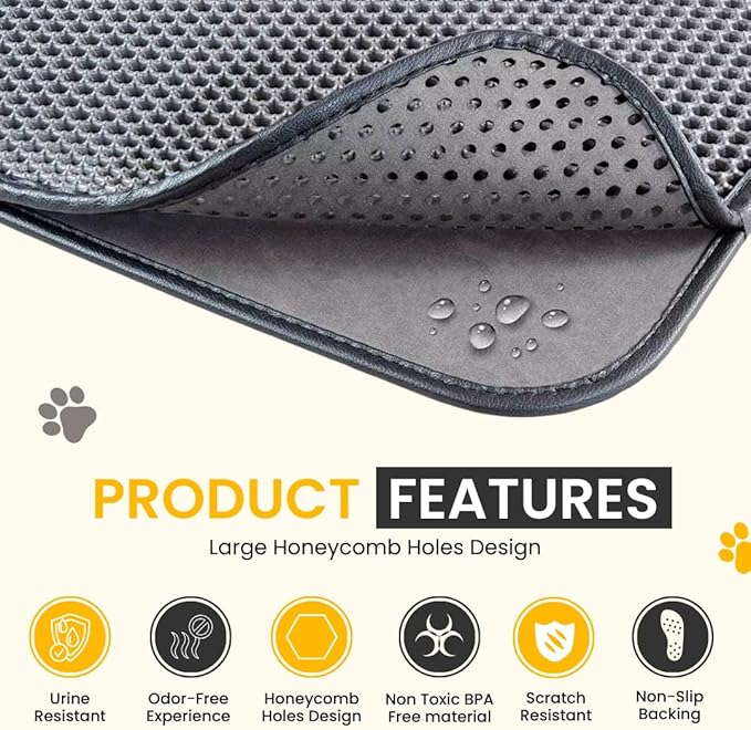Andalus Brands Medium Cat Litter Mat - Waterproof & Urine-Proof Litter Box Mat, Non-Slip Kitty Litter Mats for Floor, Easy to Clean Litter Trapping Design (24" x 15", Grey)