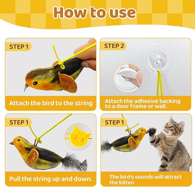 Obfuscate Flying Bird Cat Toy,Realistic Interactive Hanging Cat Toy with Chirping Sound,Retractable Door Frame Toy for Indoor Cats,Suitable for Bored Kittens and Multi-cat households(4Pcs)