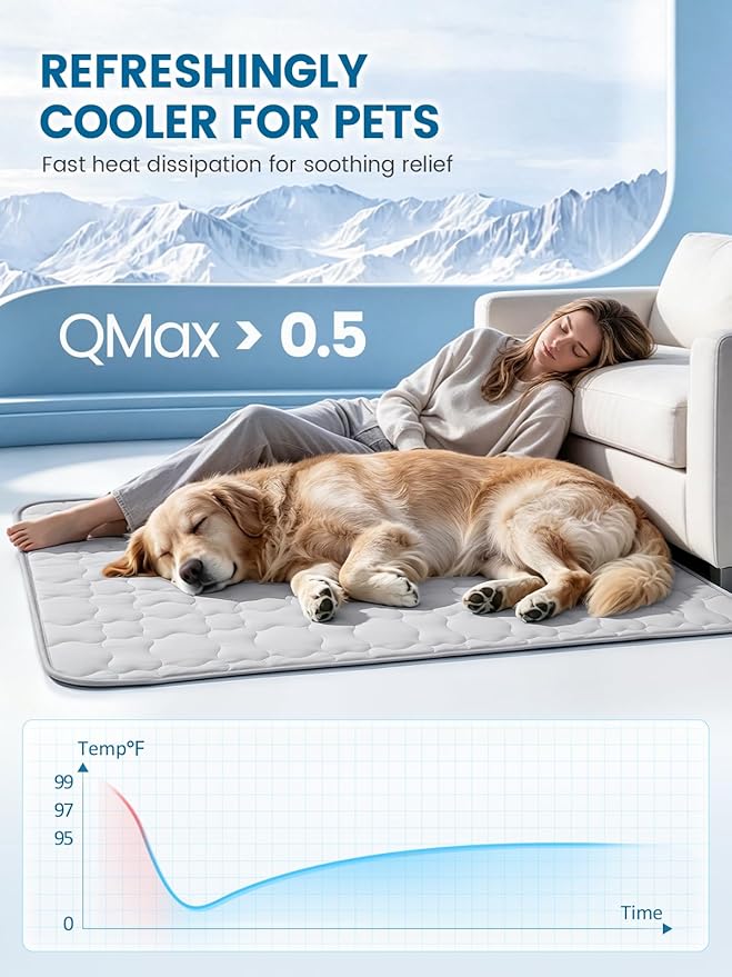 Mora Pets Dog Cooling Mat Pet Cooling Pad for Dogs & Cats Q-Max>0.5, Breathable Washable Self Cool Dog Mat for Indoor Floors, Crate, Sofa & Outdoor Use, Non Gel Summer Ice Silk Cold Pad Small 28x22
