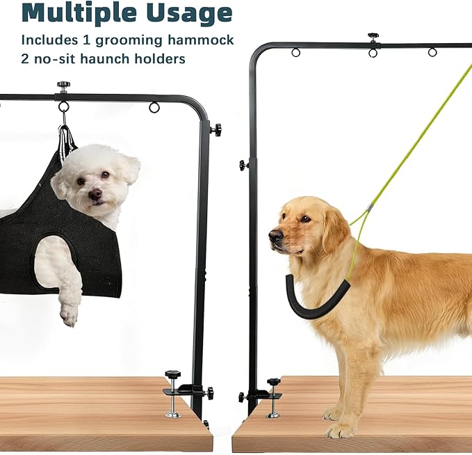 SpaceTime Dog Grooming Table Arm with Clamps,Adjustable 20"-42" Height & 27"-39" Width,Dog Grooming Arm with Hammock and 2 No-Sit Holders,Pet Groomers Helper Loop Restraint Station for All Dogs