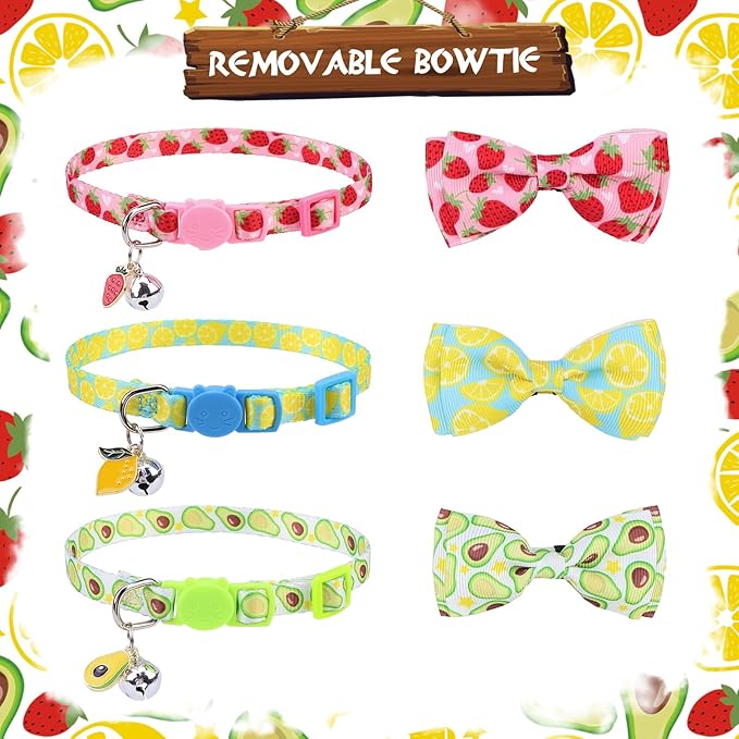 PUPTECK Cat Collar Breakaway with Bells, Kitten Collar Outfit Adjustable for Girl Boy Small Pet Puppy Bunny, Cute Costume Accessory with Safety Release Buckle (Bowtie-Fruit)