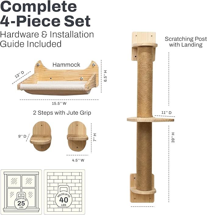 4-in-1 Window & Wall Mount Cat Wall Shelves – Hammock, Steps & Scratching Post with Landing | Space-Saving Pet Furniture for Glass & Drywall | Modern Cat Window Perch | Fits up to 40 lbs