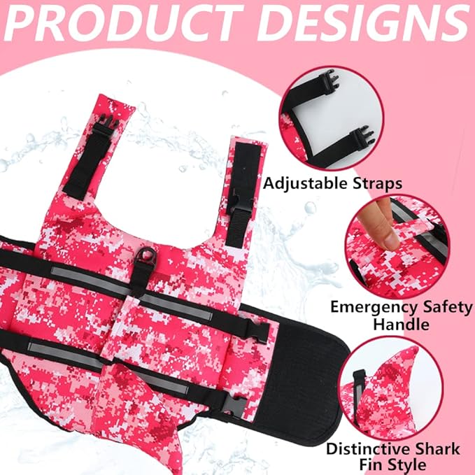 EMUST Shark Life Jackets for Dogs, Adjustable Ripstop Dog Life Vest for Water Safety Pet Life Vest with Rescue Handle Safety Vest for Swimming Pool Beach Boating, (L,Pink Camouflage)