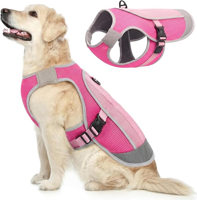Kuoser Dog Cooling Vest for Dogs, Lightweight Dog Cooling Harness Shirt with Reflective Stripe, Breathable Mesh Cooler Jacket Pet Cool Vest for Small Medium Large Dogs Summer Hot Weather, Pink XL