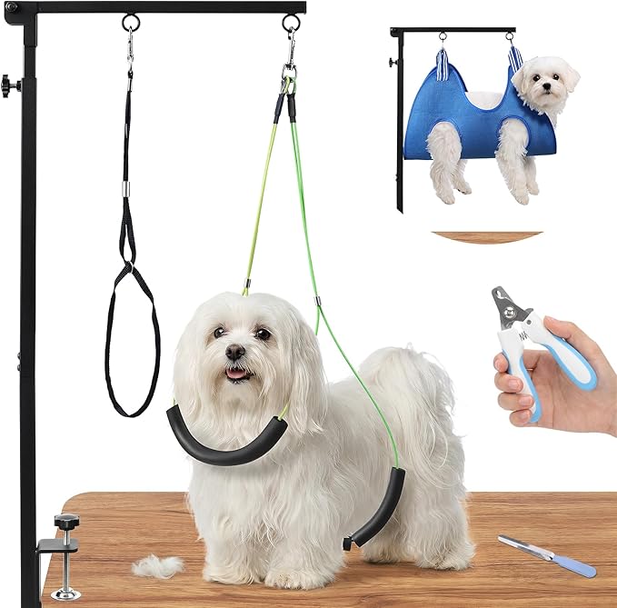 Adjustable Dog Grooming Arms, Foldable Dog Grooming Arm with Clamp Adjustable Height 29"-40" with Hammock Scissors File & No-Sit Haunch Holders for Small Medium Pets at Home or Salon