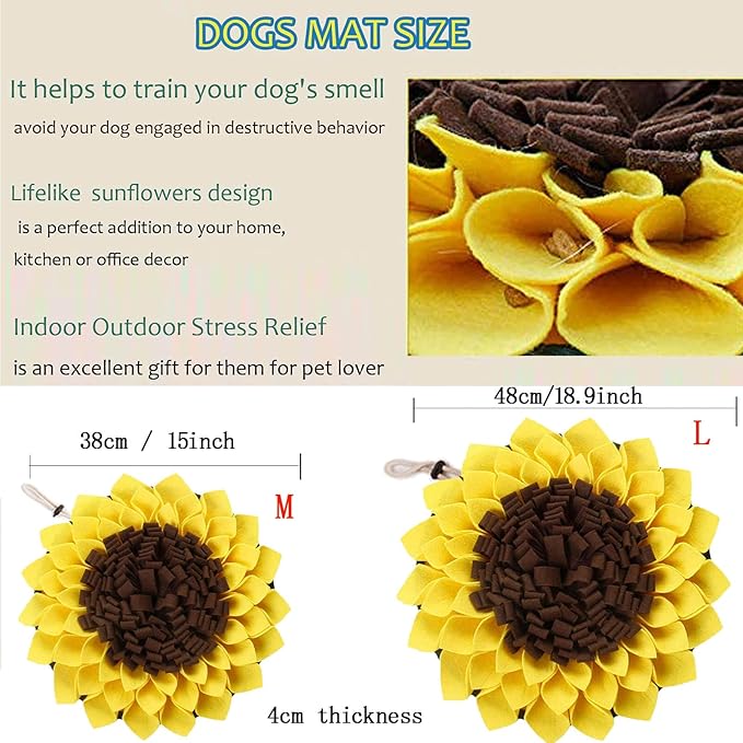 Snuffle Mat for Dogs Sunflower 19” x 19”, Large Interactive Slow Feeder Mat, Encourages Natural Foraging Skills, Plush Enrichment Toy for Mental Stimulation, Machine Washable Puppy Chew Toy
