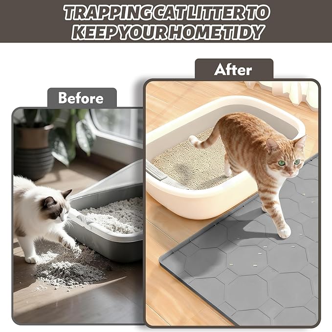 Silicone Cat Litter Mat, 34“ x 22” Waterproof Cat Litter Mats for Floors, Raised Edges Prevent Leaks and Make Cleaning Easy (Gray)
