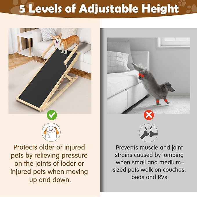 Dog Ramp for Bed and Couch - 55" Extra Long Wooden Pet Ramp with Non-Slip Silicone Surface & Side Rails, 6 Adjustable Heights (19.7"-27.6"), 250 lb Capacity, Safe Mobility for Senior Large Dogs