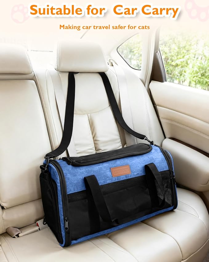 PETUX Airline Approved Pet Carrier - 17x11x9.5 in, Underseat, Top & Side Entry, Soft Sided Cat Carrier for Small Cat Up to 12 lbs with Breathable Anti-Scratch Mesh for Travel & Vet - Blue