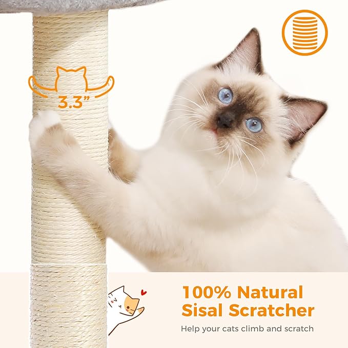PETEPELA 19" Scratching Post, Cat Tree Tower, 100% Natural Sisal Scratcher with Large Plush Top Perch Bed, Cozy Platform for Kittens and Cats