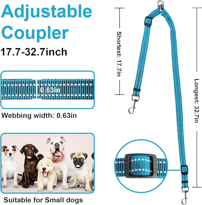 MingXpet Double Dog Leash for Two Dogs, No Pull Dog Leash, 360° Swivel No Tangle for Small Dogs Walking & Training, Shock Absorbing Reflective Bungee, Blue
