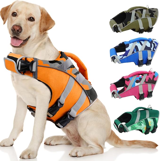 Kuoser Dog Life Jacket with Reflective Stripes, Dog Life Vest for Swimming Boating, Adjustable Pet Lifejackets with High Flotation, Doggie Swimsuit for Small Medium Large Dogs