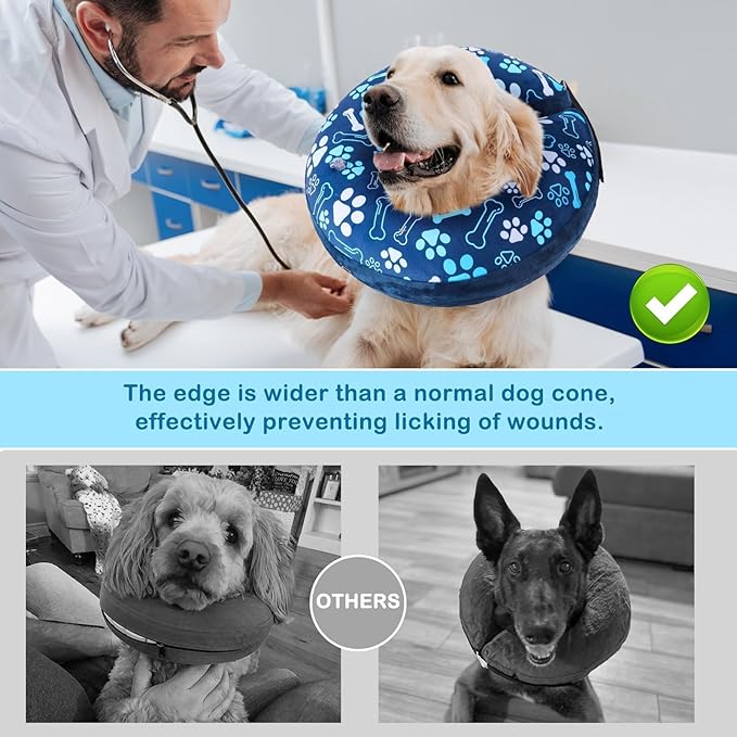 SCENEREAL Dog Cone Alternative After Surgery Donut Collar, Soft Pet Recovery Pillow Collar for Medium Large Dogs, Inflatable Adjustable Neck Collars to Prevent Licking, Blue Footprints S