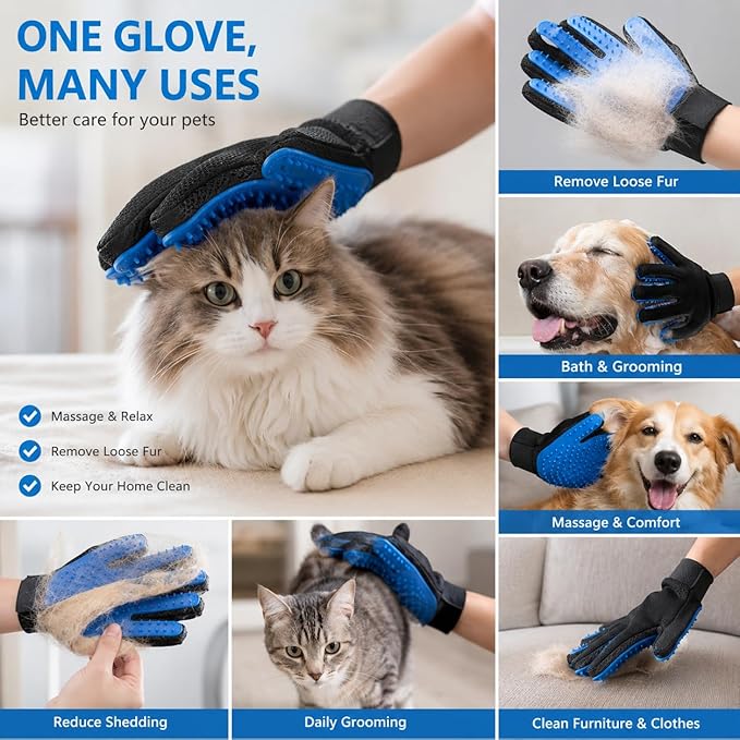 Pet Grooming Gloves – Deshedding & Bath Brush Gloves for Dogs, Cats & Horses, Gentle Hair Remover & Massage Mitt (Blue)