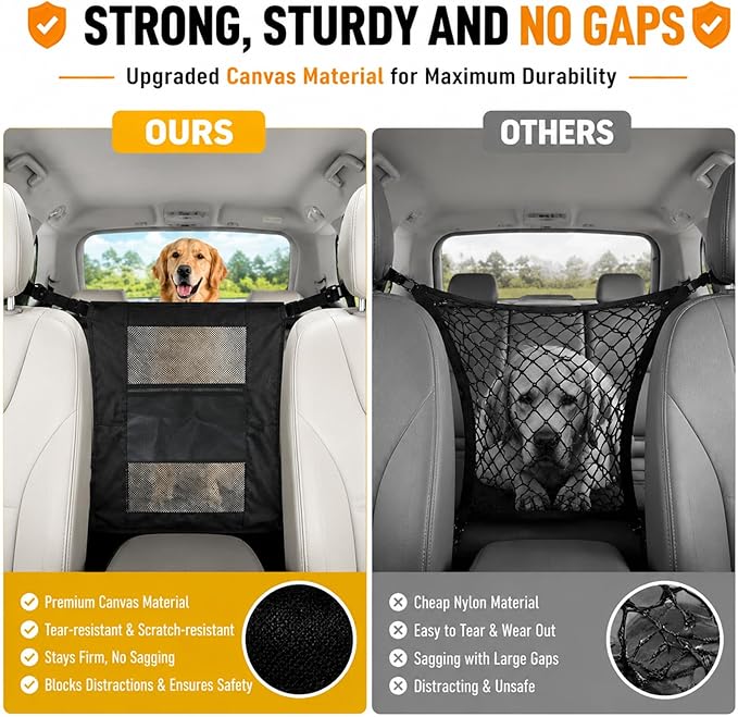 Dog Car Barrier, Dog Car Net Barrier, Heavy Duty Canvas Seat Divider with Belt Set, Double-Sided Organizer, Adjustable Pet Safety Kit, Precision Fit for SUV & Cars