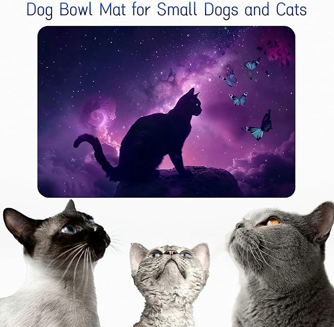 Dog Food Mat, 19.6" x 23.6" Absorbent Pet Feeding Mat for Food and Water, Waterproof Diatom Mud Pet Placemat with Non-Slip Rubber Backing, Cat Bowl Mat for Floors - Purple Cat Butterfly