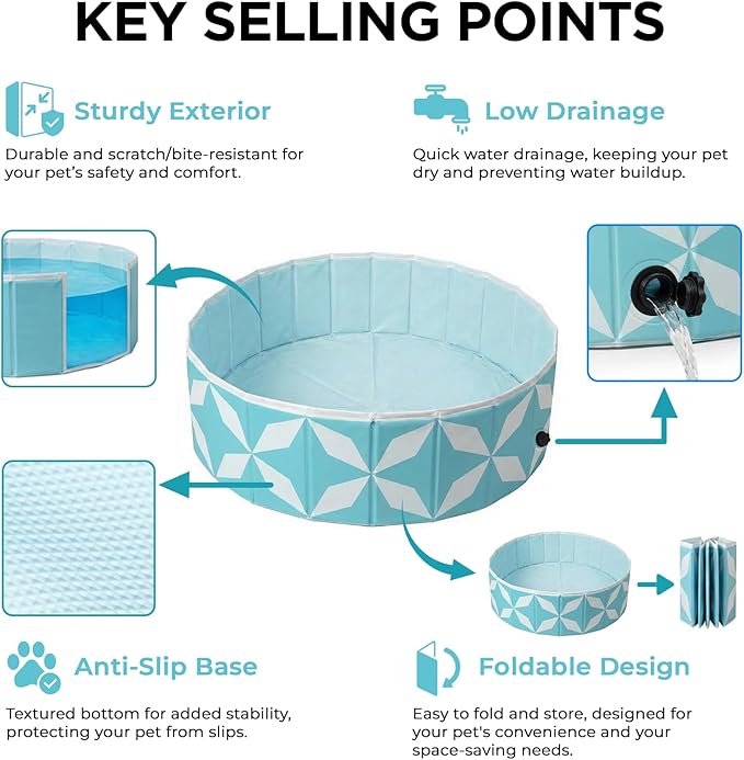 furrybaby Dog Pool for Large Dogs, Foldable Hard Plastic Pet Swimming Pool, Heavy Duty 0.5mm PVC with Non-Slip Bottom, Portable Kiddie Pool for Dogs, Pet Bath Tub for Backyard Summer, BL 63“