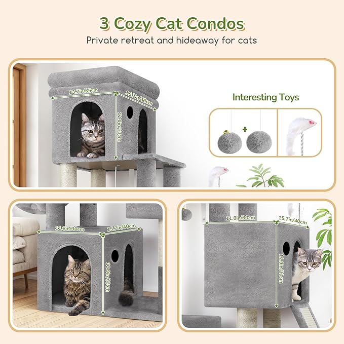 Globlazer 52in Cat Tower for Multiple Indoor Cats, Heavy Duty Multi-Level Cat Tree with 3 Cozy Condos, 4 Natural Sisal Scratching Posts and Cozy Basket Bowl, F52B, Light Grey