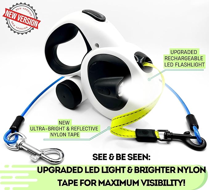 Snuggle Paws Retractable Dog Leash 16ft – Heavy Duty All-in-One Dog Leash with LED Flashlight, Poop Bag Holder, Chew Proof Steel Cable & Reflective Tape – Size M