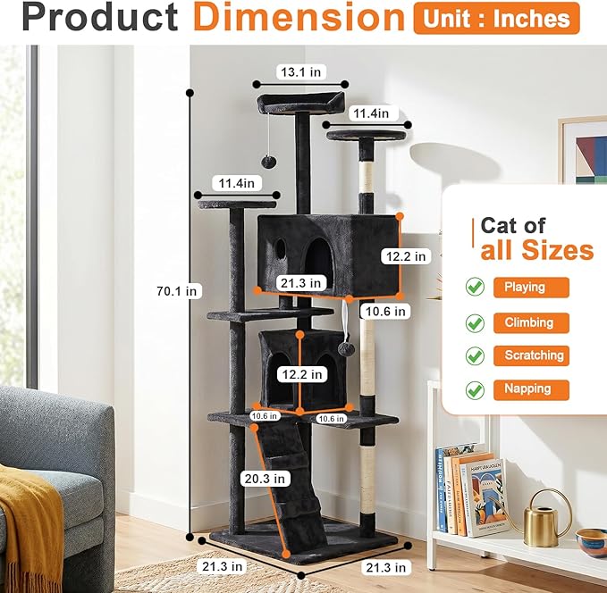 FDW | 70" Cat Tree Tower | Dark Gray | Multi-Level Indoor Activity Center with Sisal Scratching Posts, Condos, Plush Perches, Hanging Cat Toys | Sturdy, Easy to Assemble | for Kittens & Adult Cats