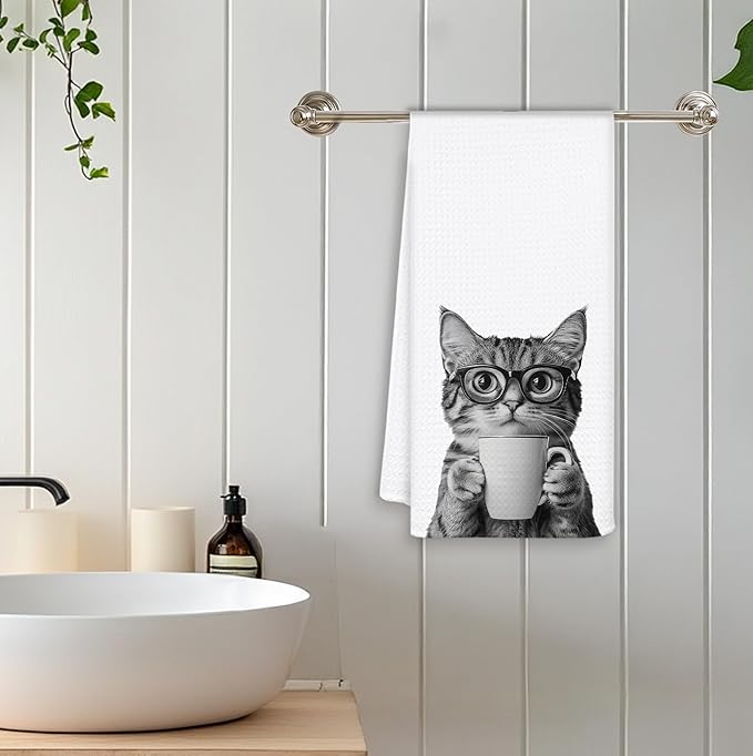 Funny Coffee Cat Kitchen Towels, Cat Lovers Mom Lady Gifts Dish Tea Towel for Kitchen Coffee Bar Station Decor, Kitten Pet Lover Gifts Hand Towels, 16x24 Inch