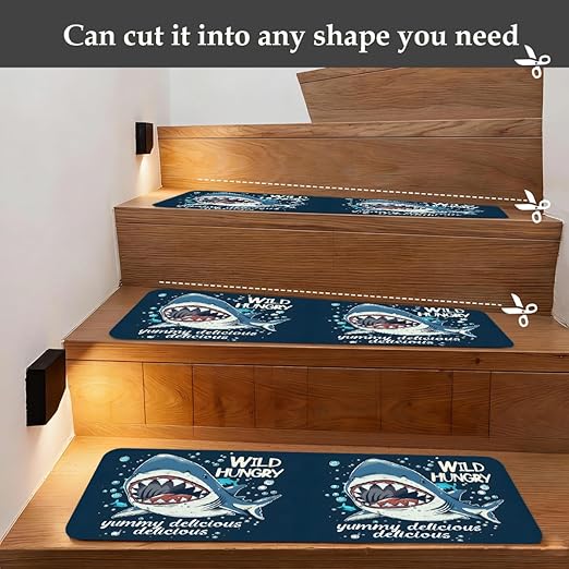 Animal Cartoon Shark Cute Stair Treads for Wooden Steps Indoor Washable Staircase Carpet 1PCS 30"x7.8" Stair Step Treads Non-Slip Staircase Covers Peel and Stick Safety Mat for Kids Elders Pets