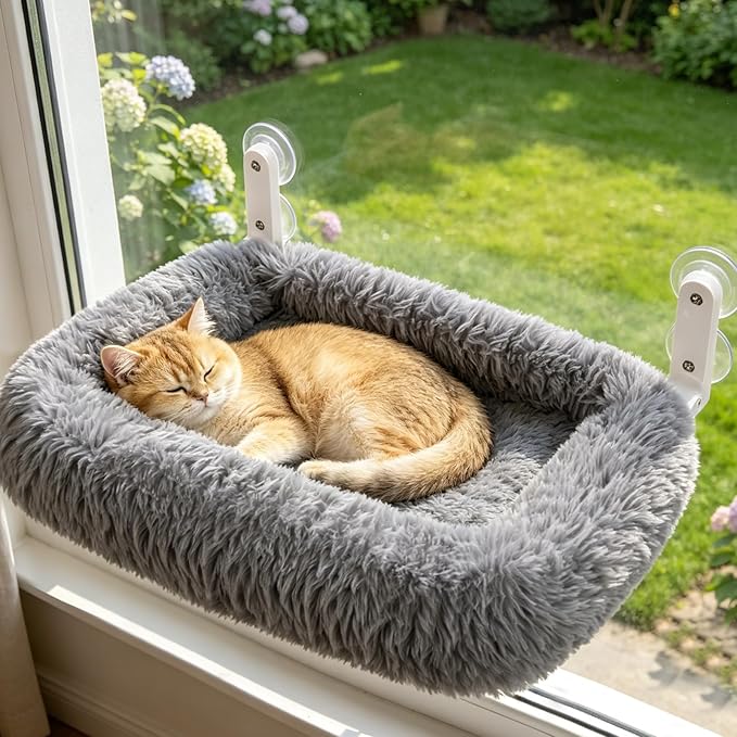 Zoratoo Cloud-Snuggle Cat Window Perch with 4-Sided Ultra-Thick & Fluffy Plush Cushion Bed, Foldable Cordless Cat Window Hammock for Window with Sturdy Metal Frame for Large Cats and Kittens (L, Gray)