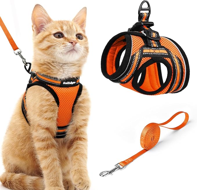 rabbitgoo Cat Harness and Leash, Step-in Escape Proof Kitten Harness Set, Soft Comfortable Cat Vest, Easy to Wear and Adjust, Reflective for Safe Outdoor Walking, Light Orange, Medium