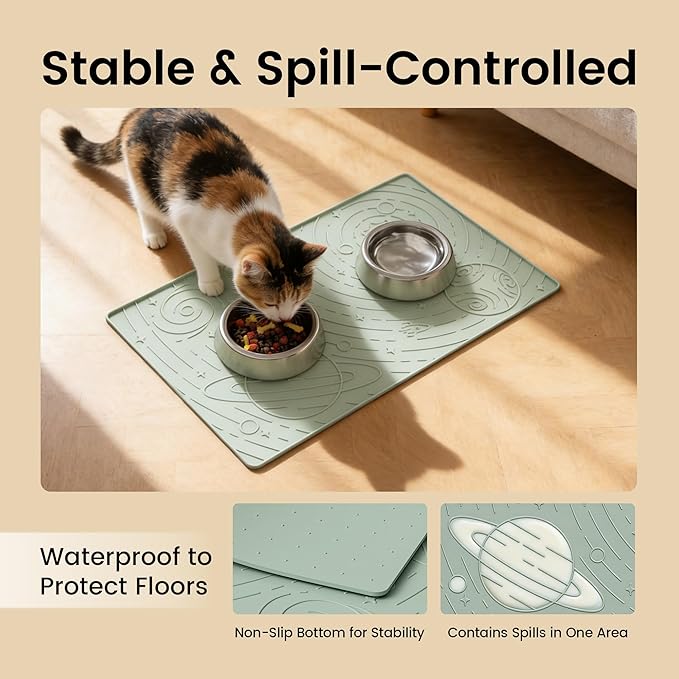 OHMO Dog Food Mat, Silicone Waterproof Cat Food Mat, Non-Skid Spill Proof Pet Feeding Mat for Food and Water, Easy to Clean Dog Placemat(Sage Green, 18.9" x 11.8")