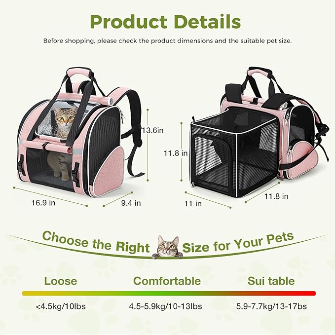 Lekereise Widened Pet Backpack Travel, Wide Pet Carrier Backpack for Cats and Small Dogs up to 18 lbs, Breathable Mesh Backpack Carrier with Sun Shade, Safety Leash, Hand Carry for Travel Vet Car