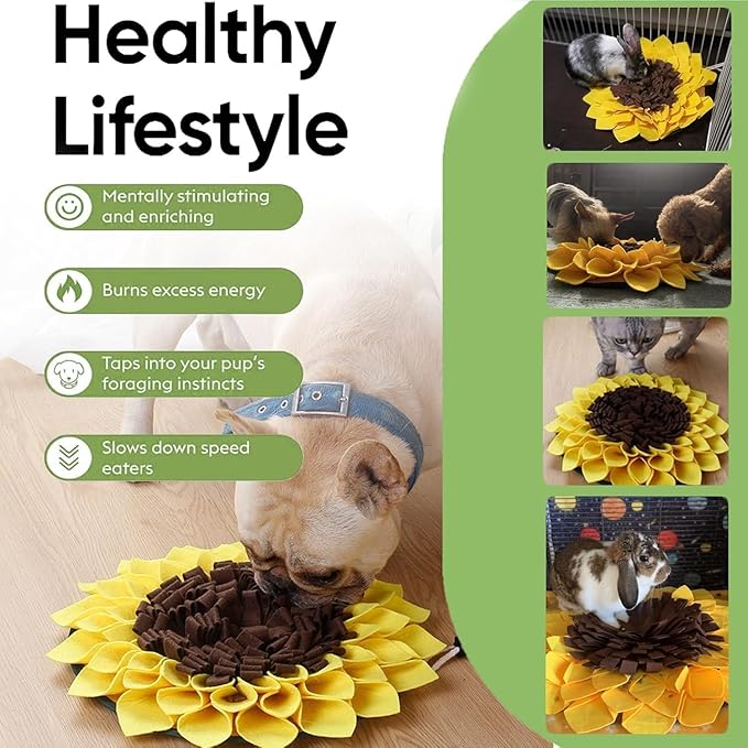 Snuffle Mat for Dogs Sunflower 19” x 19”, Large Interactive Slow Feeder Mat, Encourages Natural Foraging Skills, Plush Enrichment Toy for Mental Stimulation, Machine Washable Puppy Chew Toy