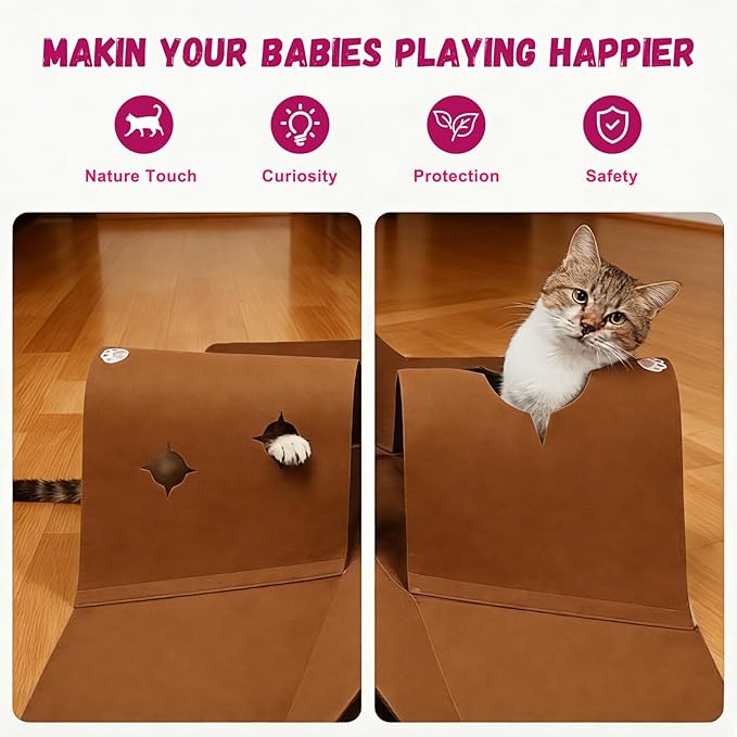 Cat Tunnel Play Mat for Indoor Cats, Felt Interactive Pet Toy with Hidden Ball, Enrichment Activity Rug, Collapsible Cave for Kittens & Small Pets (Brown)