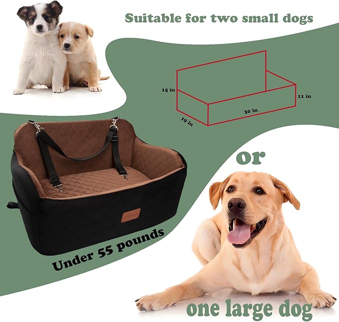 Lealchum Dog Car Seat for Medium/Large Dogs,2 Clip-On Safety Leashs for 2 Small Dogs,Removable and Washable Comfy Pet Car Seat,Easy to Install and Clean (Beige, Large)