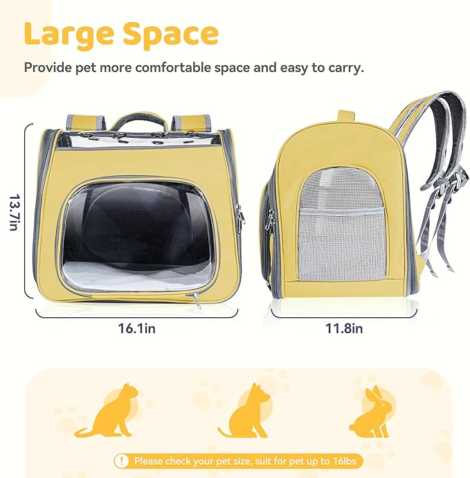 Cat Soft-Sided Carrier Backpack, Breathable Mesh Foldable Pet Travel Carrier with Reinforced Support, Portable Puppy Carrying for Kitty Up to 15lbs (Yellow)