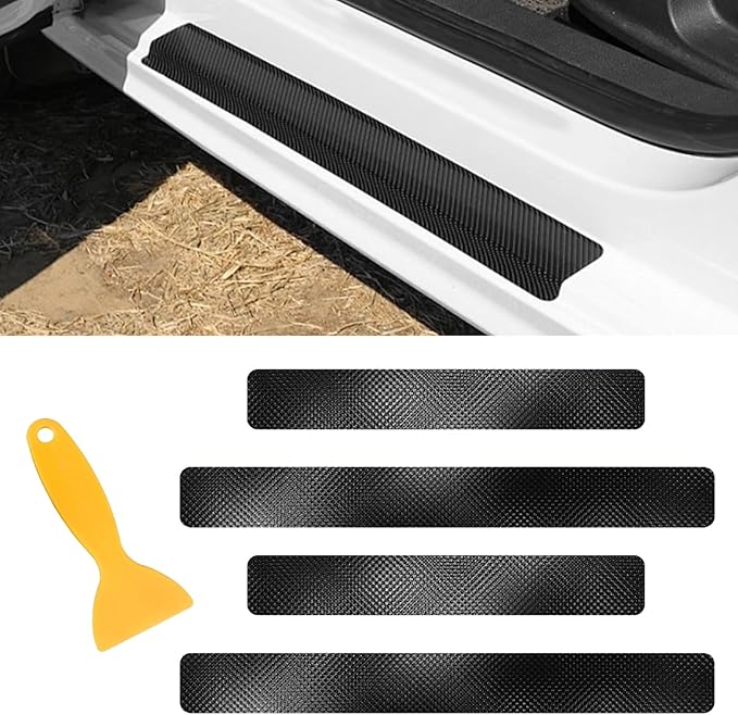 Black Door Sill Guard Protector, 4PCS 3D Carbon Fiber Anti-Scratch Door Entry Edge Bumper Sill Scuff Plate Trim, Front/Rear Door Threshold Protector Cover Sticker Strips