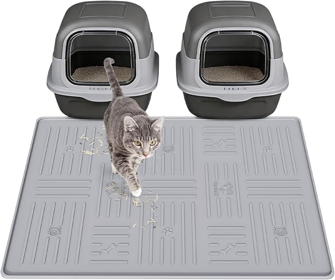 Large Silicone Cat Litter Mat, 34.3" X 24.8" Litter Trapping Mat, Soft and Waterproof Cat Litter Box Mats for Floor-Dark Grey