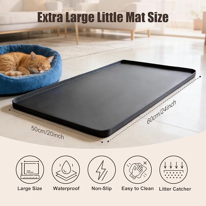 Silicone Cat Litter Mat 24x20 In Waterproof Litter Box Mat Leak-Proof Thick Under Kitty Litter Box Feeding Tray with Raised Edges for Floor Carpet, Black