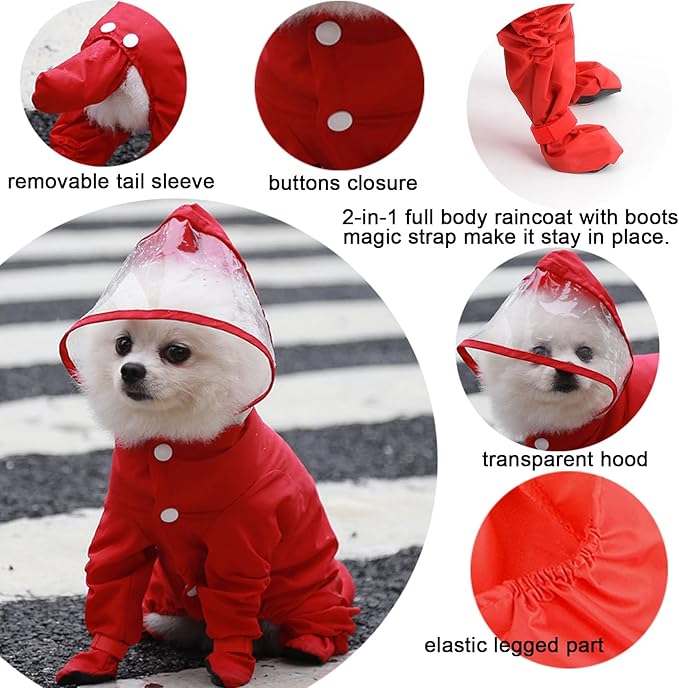 Zunea Waterproof Dog Raincoat with Hood for Small Dogs Rain Poncho Jumpsuit with Rain Boots Puppy Hooded Slicker Rainwear Four-Legged Pet Rain Jacket for Walking Red S