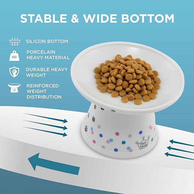 Necoichi Elevated Cat Food Bowl, Ceramic (Porcelain), Whisker-Friendly, Dishwasher & Microwave Safe, Non-Slip Silicone Base, Anti-Vomiting & Neck Fatigue (Colorful Dots, Extra Wide, 2-Cups Capacity)