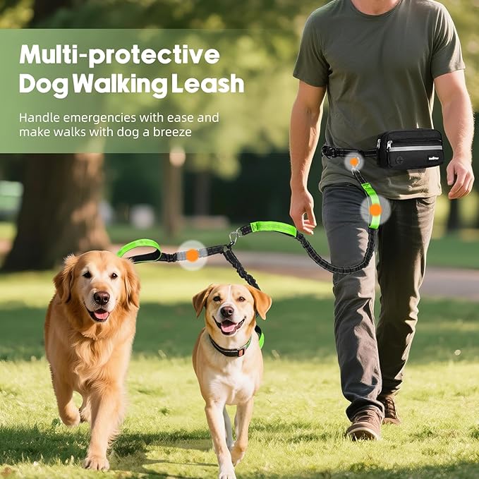 VavoPaw Hands Free Dog Leash for 2 Dogs with Pouch, Waist Leash for Dog Walking, Retractable Leashes with Dual Padded Handles, Adjustable Reflective Belt for Small Medium Large Dogs, Black Green